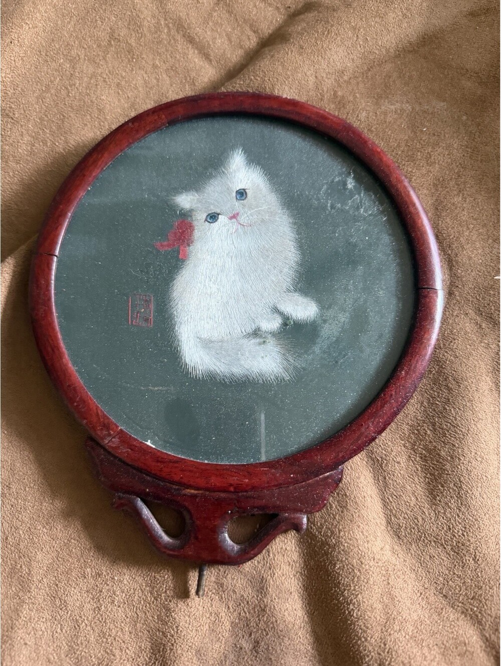 Double Sided Silk Embroidery White Cat Picture 8" Handmade Chinese Art Gift